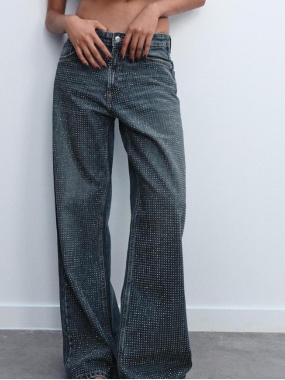 Zara Dark Gray Wide-Leg Jeweled Jeans